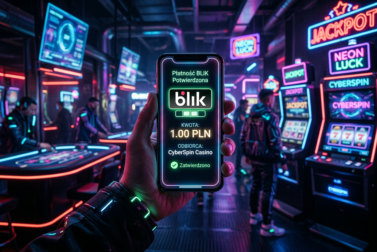 Smartphone showing a 1 PLN mobile payment confirmation with BLIK logo in a neon casino environment
