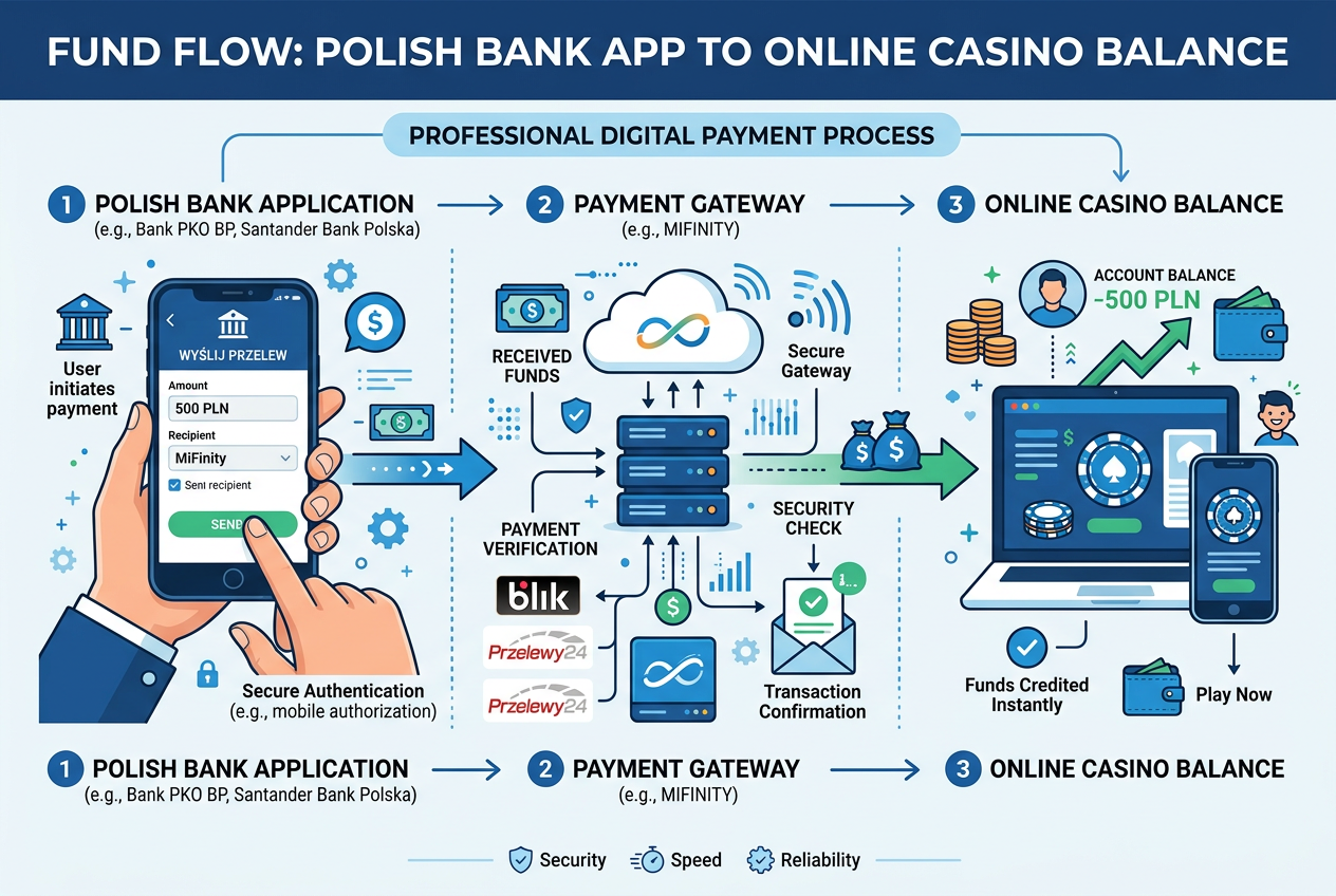 Schemat techniczny przepływu płatności BLIK od banku do portfela kasyna