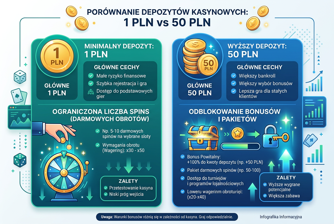 Professional infographic comparing 1 PLN and 50 PLN casino deposits showing chances for bonuses and game length