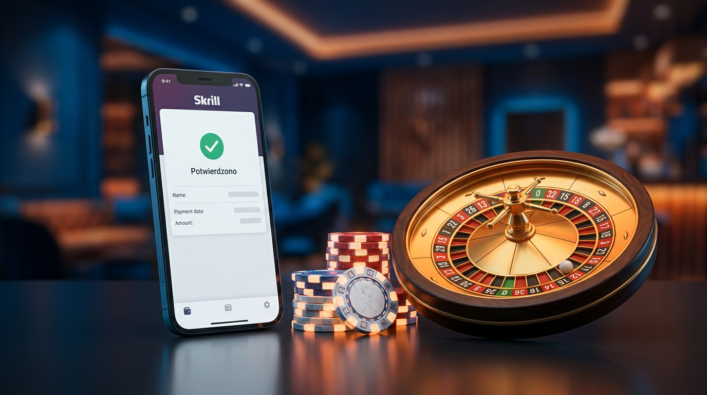Smartfon z aplikacją Skrill obok żetonów kasynowych i ruletki
