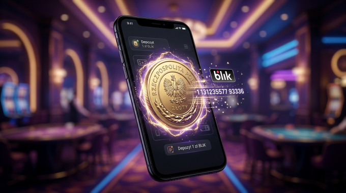 Digital 1 PLN coin and BLIK logo on a smartphone in a casino background