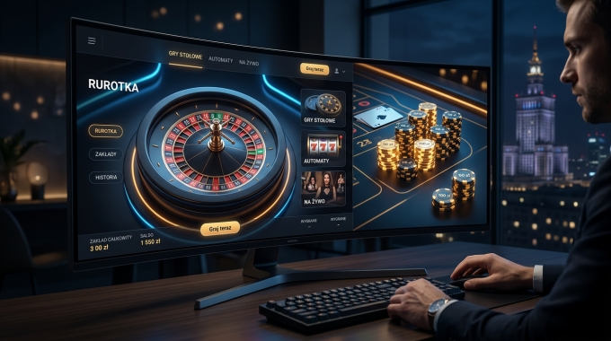 Wizualizacja nowoczesnego interfejsu gier kasynowych online z elementami 3D.