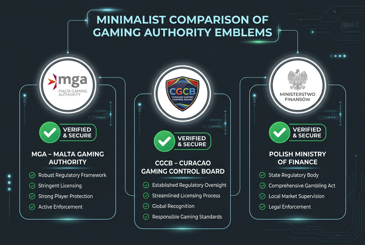 Infografika porównująca emblematy MGA, GCB oraz Ministerstwa Finansów na technicznym tle